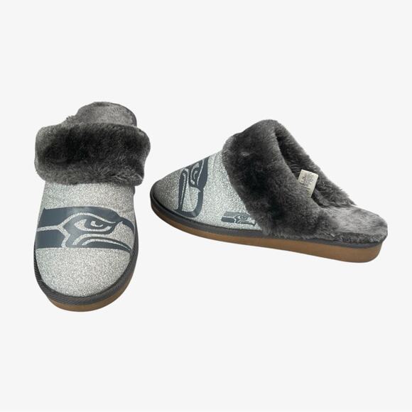 Foco Womens L Seattle Seahawks Glitter Moccasin Slipper Open Back Faux Fur Fuzzy - Picture 1 of 11